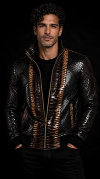 Black and Gold Python-Print Leather Bomber Jacket