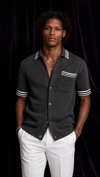 Charcoal Striped Open-Knit Button Polo