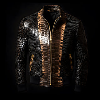 Black and Gold Python-Print Leather Bomber Jacket By Enantiodromia